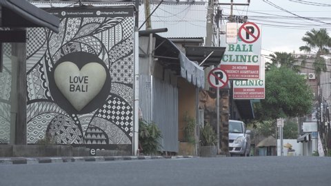 Bali, Indonesia - CIRCA May 2020: LOVE BALI Seminyak Street During COVID-19 Coronavirus Pandemic Deserted Empty Quiet Lock Locked Down Closure Hotel Restaurant Store Closed Business Economy Crash