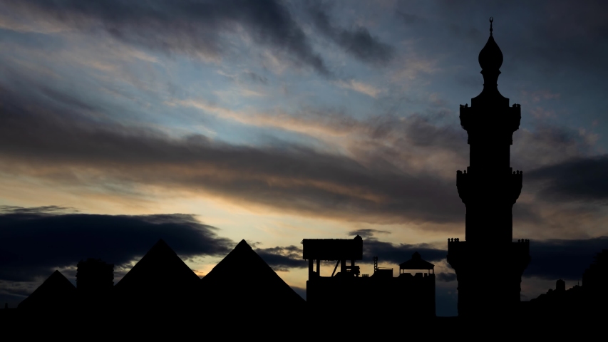 Sultan Hassan Mosque and Pyramids of Giza, Time Lapse at Sunise, Cairo, Egypt