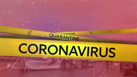 Animation of the words Coronavirus, Warning and Quarantine written on yellow tape and London cityscape in the background. Global pandemic coronavirus Covid 19 outbreak social distancing and self - Powered by Shutterstock - Get 15% off with code: PIKWIZARD15