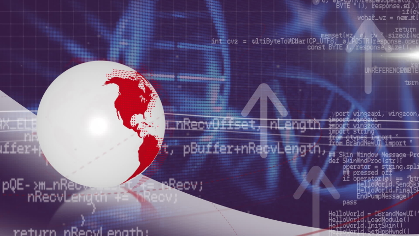 Animation of data processing and globe spinning with arrows pointing up on purple background. Global pandemic coronavirus Covid 19 outbreak social distancing and self isolation in quarantine lockdown - Powered by Shutterstock - Get 15% off with code: PIKWIZARD15