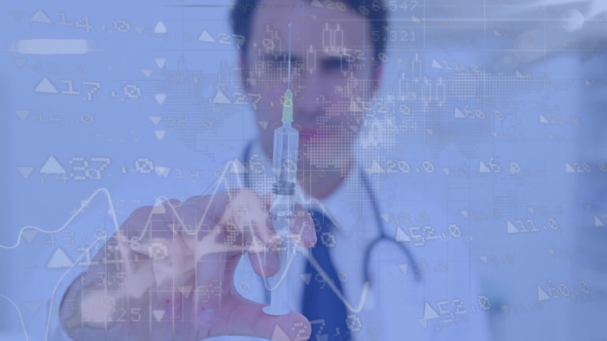 Animation of financial data and charts processing over male doctor holding a syringe ready for vaccination. Global pandemic coronavirus Covid 19 outbreak social distancing and self isolation in - Powered by Shutterstock - Get 15% off with code: PIKWIZARD15