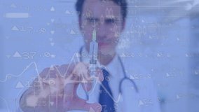 Animation of financial data and charts processing over male doctor holding a syringe ready for vaccination. Global pandemic coronavirus Covid 19 outbreak social distancing and self isolation in - Powered by Shutterstock - Get 15% off with code: PIKWIZARD15