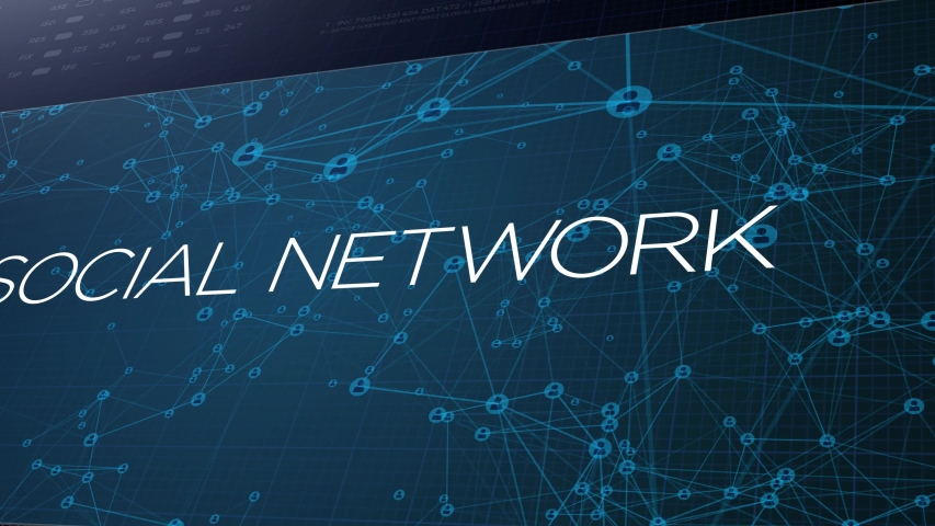 HUD display monitor 3d. Social network concept on futuristic digital blue abstract background. Connected people on techonology net. 4k networking viral animation 3d.