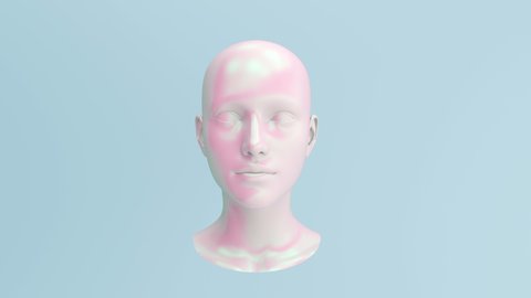 Ceramic female head cracks and breaks into fragments. Pastel colors. Modern trendy design. 3d render, 4k video
