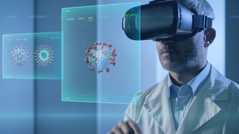 doctor physician with augmented reality vr glasses looking at coronavirus covid 19 3d virtual graphic charts of human body in high tech laboratory
