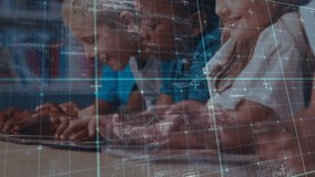 Animation of children sitting by a table using digital tablet over data processing, statistics showing in the background. Education and schooling concept digitally animated. - Powered by Shutterstock - Get 15% off with code: PIKWIZARD15
