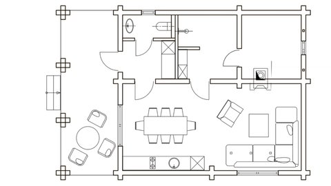 Standard home furniture symbols set used in architecture plans, home planning icon set, graphic design elements. Small bath house  - top view plans.Cartoon sketch footage .