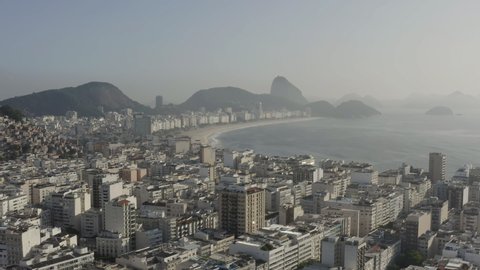 Aerial, panoramic view of Rio de Janeiro and Copacabana beach in Brazil