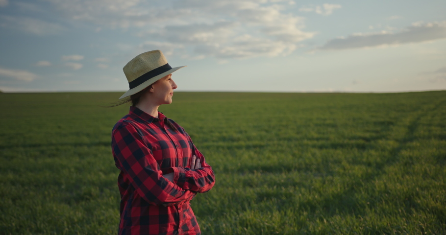 Portrait of smiling woman farmer in a red checkered shirt and hat standing with crossed arms in a field with green wheat and looking on the sunset