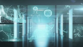 Animation of multiple screens with medical data processing, DNA strands moving, human brain spinning on glowing green background. Global medicine and research concept digital composite. - Powered by Shutterstock - Get 15% off with code: PIKWIZARD15