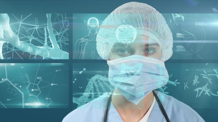 Animation of female doctor wearing a protective face mask looking at camera with screens of medical data, coronavirus Covid-19 spreading. Medicine public health pandemic coronavirus outbreak social | Shutterstock HD Video #1051708708