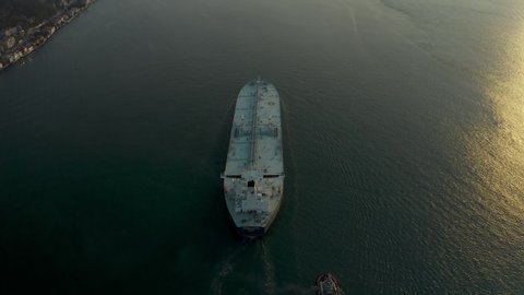 Aerial view of the crude oil tanker. Oil Tanker sails into Istanbul Bosphorus Sea. 4K Footage in Turkey