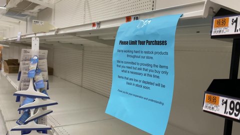 Bethesda, Maryland / USA - April 30, 2020: Toilet paper, bread, rice, water and other non perishable foods are sold out at grocery stores across the country during the COVID-19 pandemic.
