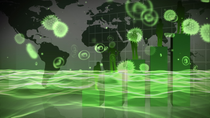 Animation of macro virus and coronavirus Covid-19 cells spreading over green water and a world map in the background. Medicine public health pandemic coronavirus Covid 19 outbreak quarantine lockdown | Shutterstock HD Video #1051712515