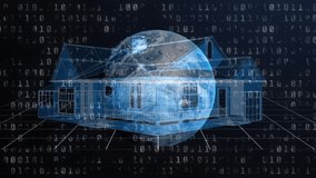Animation of 3d model of a house and globe spinning, binary coding, stock market display with numbers and graphs, price going up and down at the stock exchange over data recording in the background. - Powered by Shutterstock - Get 15% off with code: PIKWIZARD15