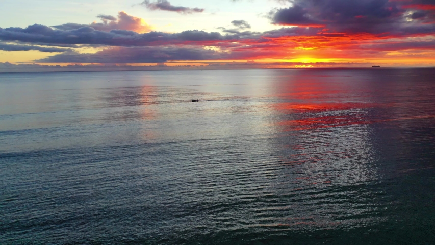 Aerial view: Sunset on the coast of Flic en Flac, Mauritius, Africa