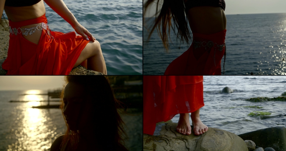 Collage, multi-shot of a long-haired girl who is located by the sea on a pebble beach. She