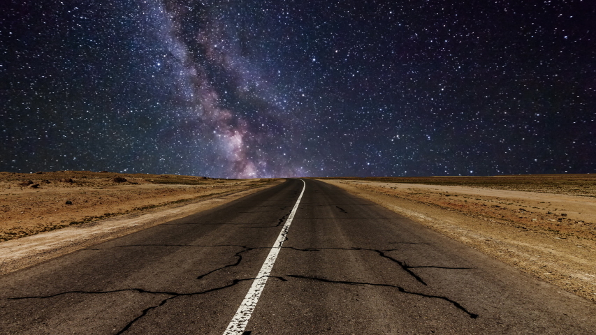Night Road Under the Milky Way. Timelapse