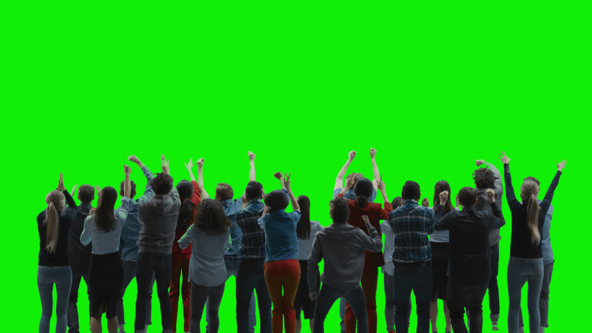 Green Screen: Big Crowd of People Having Fun, Cheering, Applauding, Jumping and Celebrating at Sport Event, Concert, Festival, Party. Back View. Chroma Key, Black Screen, Silhouette White on Black