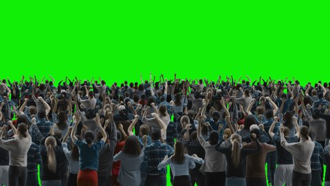 Green Screen: Big Crowd of People Having Fun, Cheering, Applauding, Jumping and Celebrating at Sport Event, Concert, Festival, Party. Back View. Chroma Key, Black Screen, Silhouette Black and White