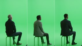 4-in-1 Green Screen Collage: Three Diverse Different Men Sitting on the Chroma Key Chair. Back View Full Split Screen Shot. Conference, Audience Concept. Multiple Clips Best Value Package