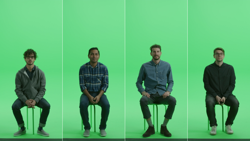 4-in-1 Green Screen Collage: Four Portraits of Handsome Men of Diverse Background, Ethnicity, Different Age Sitting on the Chroma Key Chair. Front View Split Screen. Multiple Clips Best Value Pack
