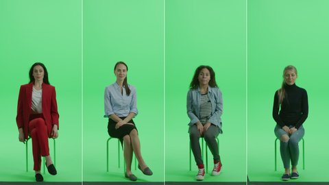 5-in-1 Green Screen Collage: Five Portraits of Beautiful Women of Diverse Background, Ethnicity, Different Age Sitting on the Chroma Key Chair. Front View Split Screen. Multiple Clips Best Value Pack