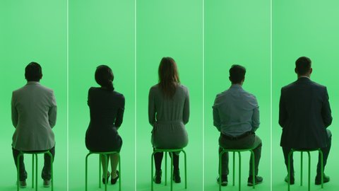5-in-1 Green Screen Collage: Three Men and Two Women Sitting on the Chroma Key Chair. Back View Full Split Screen Shot. Conference, Audience Concept. Multiple Clips Best Value Package