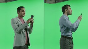 2-in-1 Green Screen Collage: Two Separate Men Wearing Suit and Business Casual Clothes, Standing, Using Smartphones. Multiple Angle Best Value Package with 360 Degree Tracking Arc Shots