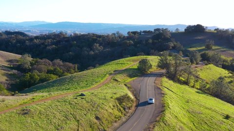 aerial view of car driving on beautiful countryside road at Mount Diablo in Bay Area, California