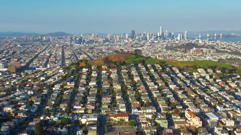 Aerial view of San Francisco cityscape with skyscrapers and houses. Bay Area drone shot