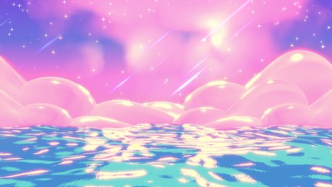 Japanese anime style blue and pink sea at night animation. (Looped)