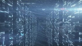 Animation of cityscape over data processing and digital information flowing through network of computer servers in a server room with light trails flashing on surface. Global business, network of - Powered by Shutterstock - Get 15% off with code: PIKWIZARD15