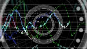 Animation of stock market display with numbers and graphs, price going up and down at the stock exchange over data recording on black background. Finance business stock market global data processing - Powered by Shutterstock - Get 15% off with code: PIKWIZARD15