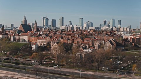 Aerial View of Warsaw, panorama of the City Center and Old Town with the Royal Castle, beautiful sunny sky, shoted in 5.2K CDNG, Warszawa, Poland, Polska