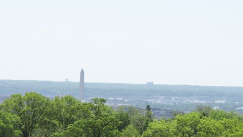 Washington, DC / United States - May 2 2019: The U.S Navy Blue Angels and the U.S. Air Force Thunderbirds perform a flyover of Washington, DC. The Washington Monument is seen in the background.