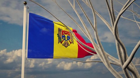 Moldova national flag waving with cloudy sky. Moldovan blowing banner shows travel or triumph - animation footage