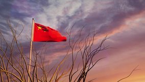China sunset flag waving in the sky. Dramatic Chinese emblem of patriotic independence - video animation