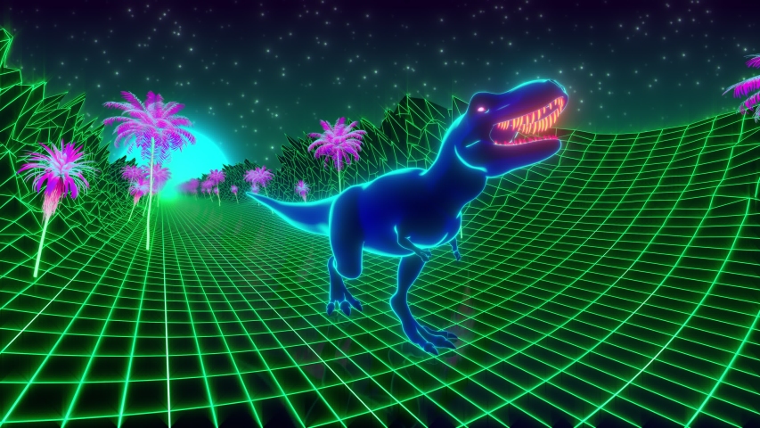 80s retro style loop animation. T-Rex dinosaur walks through a neon jungle. 3d render video for Vj scenes