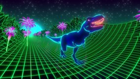 80s retro style loop animation. T-Rex dinosaur walks through a neon jungle. 3d render video for Vj scenes - Powered by Shutterstock - Get 15% off with code: PIKWIZARD15