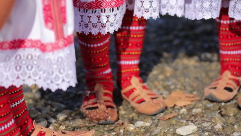 Traditional Folk Costume Details. Handmade Leather Shoes and Socks