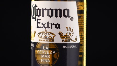 LVIV, UKRAINE - April 30, 2020: Corona beer in bottle closeup