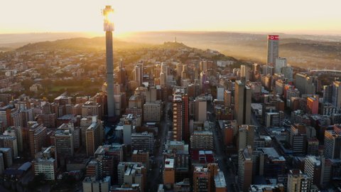 AFRICA,SOUTH AFRICA,CIRCA 2020.Epic aerial view of the magnificent Johannesburg City Centre at sunrise
