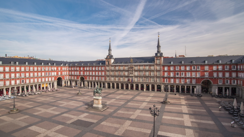 Madrid Spain time lapse 4K, city skyline timelapse at Plaza Mayor nobody empty due to Coronavirus Covid-19 lockdown Royalty-Free Stock Footage #1051753654