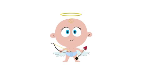 4K Flying Cute baby angel cartoon, Shooting Cupid with wings. Funny character. Valentine day animation. Alpha channel, Green screen. 