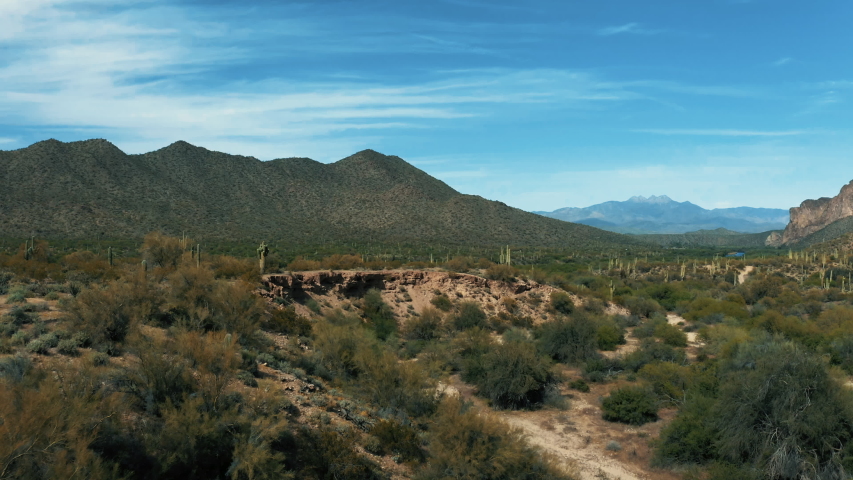 Aerial 4k Drone View of Sonoran Desert with Saguaro Cacti and Mountains in Arizona on a bright sunny day showing Usery Mountain Regional Park and Lost Dutchman State Park