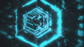 Vivid azure neon lights accompaning a specular polyhedron moving through hexagon tunnel. Abstract seamless looped animated background 3D rendering in 4K. Art, business and technology concept backdrop. - Powered by Shutterstock - Get 15% off with code: PIKWIZARD15