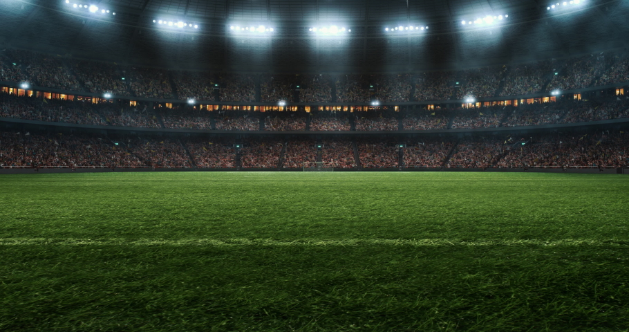 Dynamic video of 3d made professional soccer stadium. Crowd is made in 3d and animated.