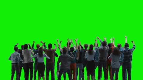 Green Screen: Big Crowd of People Having Fun, Cheering, Applauding, Jumping and Celebrating at Sport Event, Concert, Festival, Party. Back View. Chroma Key, Black Screen, Silhouette White and Black