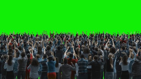 Green Screen: Big Crowd of People Having Fun, Cheering, Applauding, Jumping and Celebrating at Sport Event, Concert, Festival, Party. Back View. Chroma Key, Black Screen, Silhouette White On Black Adlı Stok Video